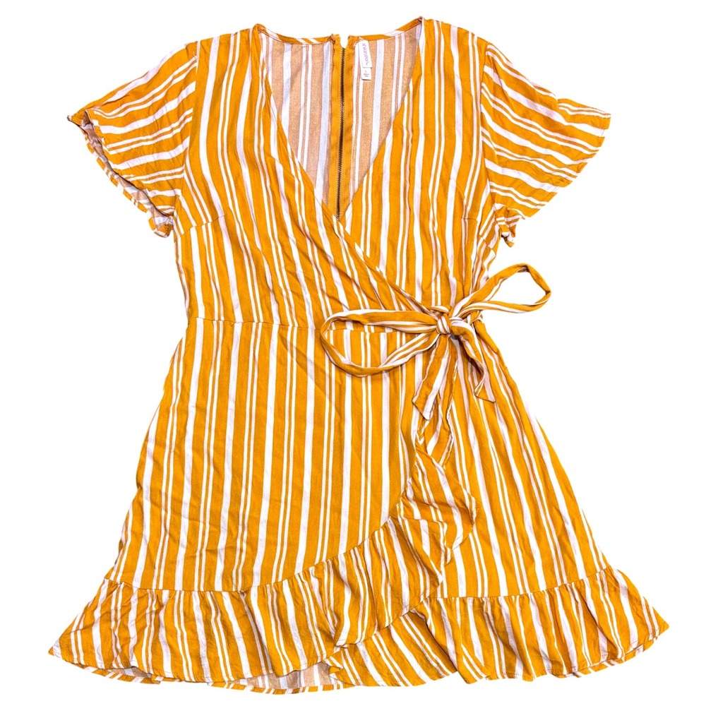 Xhilaration Women's Yellow‎ Striped Ruffle Hem Wrap Dress Summer Casual L